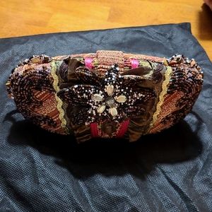 Beaded handbag, 7.5in., Browns, white, Pink, Orange